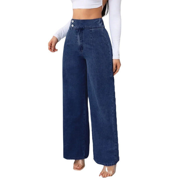 Model wearing high-waisted Y2K jeans, showcasing flexible comfort and style.