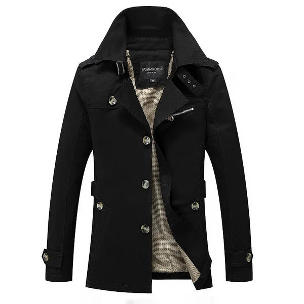 Sleek Men's Casual Business Trench Coat in polyester, featuring a turn-down collar and single-breasted closure for stylish ou