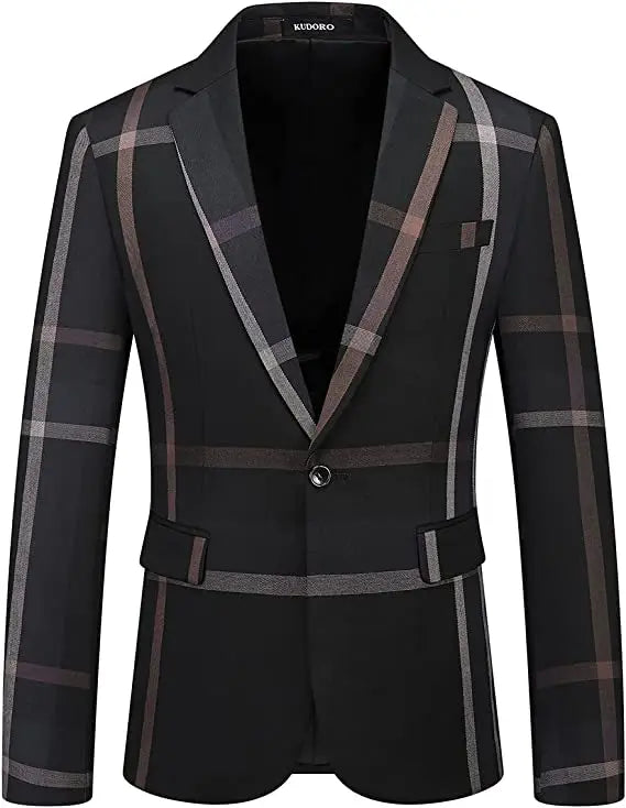 Elegant plaid 3-piece men's suit for formal occasions, featuring a single-breasted jacket and flat-front pants in premium pol