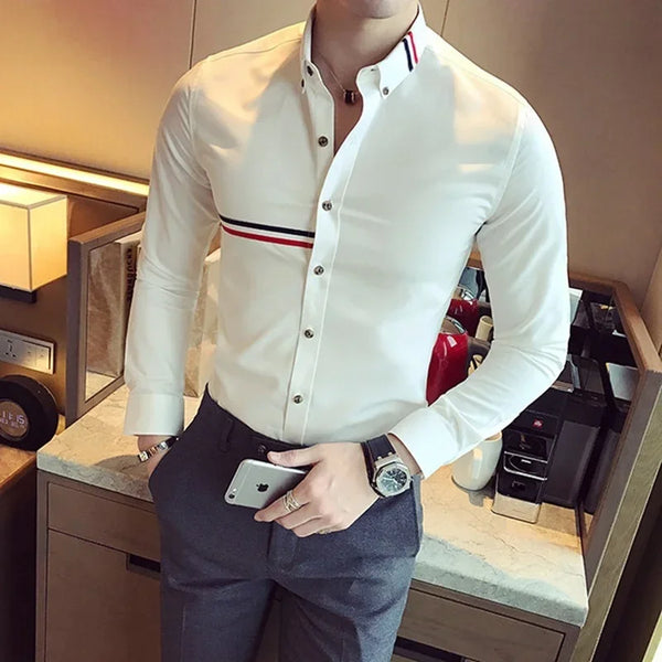 Elegant men's slim-fit dress shirt in solid color, perfect for spring, featuring a turn-down collar and long sleeves.