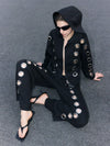 Y2K hollow drawstring pants in loose fit with decorative zippers and adjustable waist for unisex streetwear style