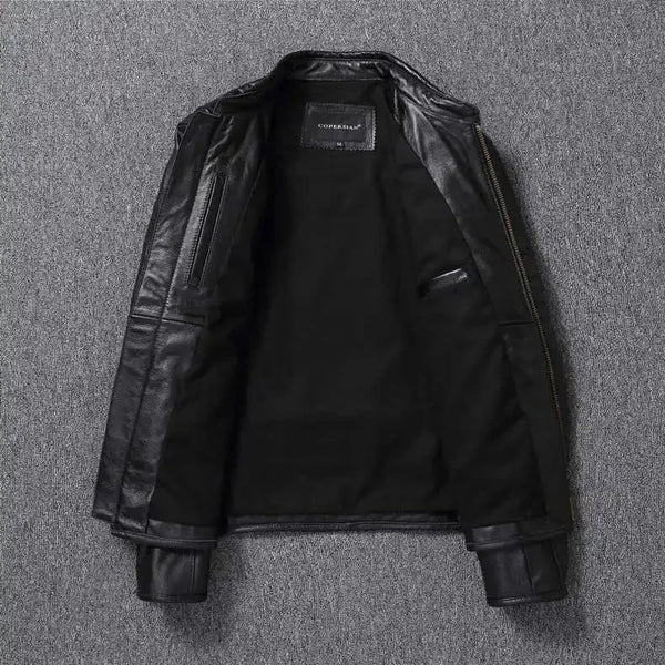 Premium men's leather biker jacket in rich brown with stand collar, crafted from durable first-layer calfskin leather.