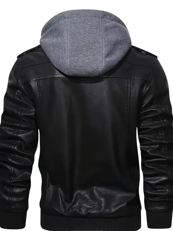Sleek men's PU leather biker jacket with detachable hood, slim fit, perfect for autumn and winter casual wear.