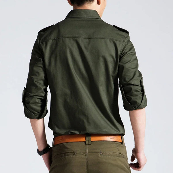Slim fit military shirt for men in army green, long sleeve, cotton-polyester blend, perfect for casual and business wear.