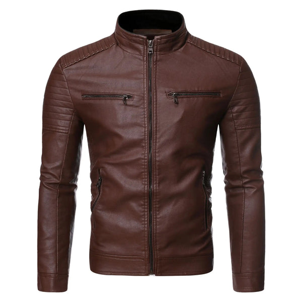 Sleek men's faux leather moto jacket with stand collar, perfect for casual and party wear in spring and autumn.
