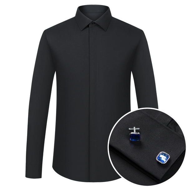 Business formal dress shirt with French cuffs and matching cufflinks in sophisticated blue