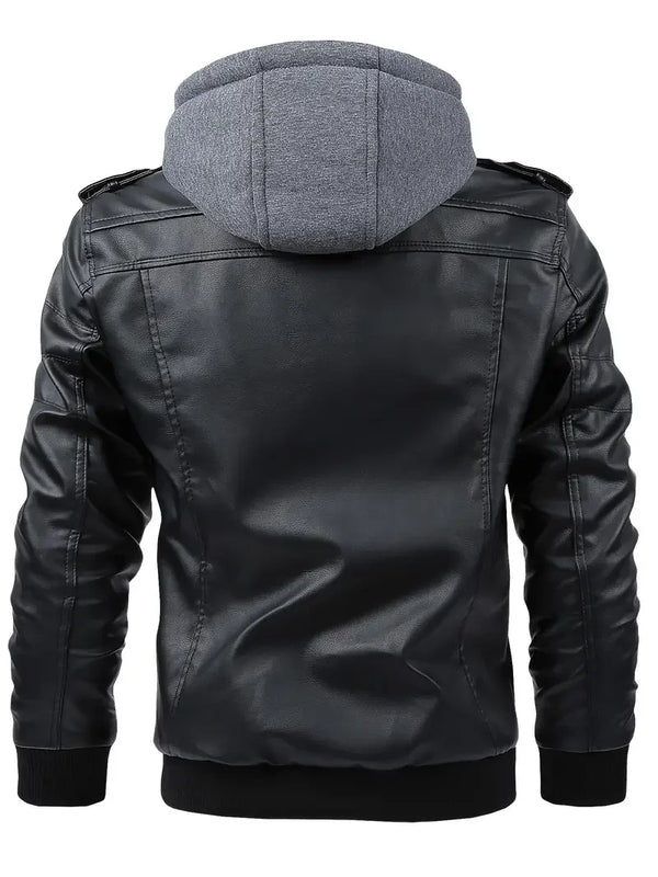 Sleek men's PU leather biker jacket with detachable hood, slim fit, perfect for autumn and winter, stylish and windproof.