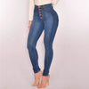 High-waist stretch skinny jeans for women in light vintage wash, featuring a button fly and slim fit for stylish comfort.