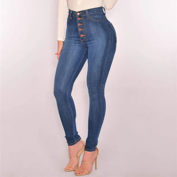 High-waist stretch skinny jeans for women in light vintage wash, featuring a button fly and slim fit for stylish comfort.