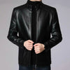 Men's faux leather jacket with zip-up front and stand collar, perfect for autumn and winter casual or professional wear.