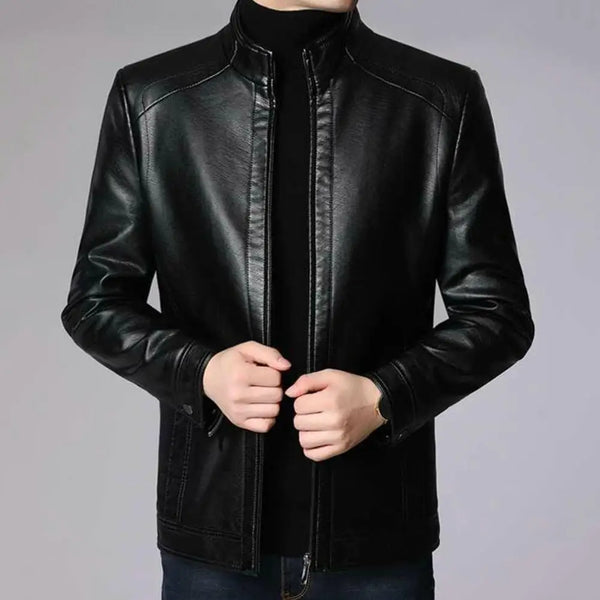 Men's faux leather jacket with zip-up front and stand collar, perfect for autumn and winter casual or professional wear.