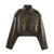 Chic army green faux leather jacket for women with stand collar, loose fit, and functional pockets, perfect for winter style.