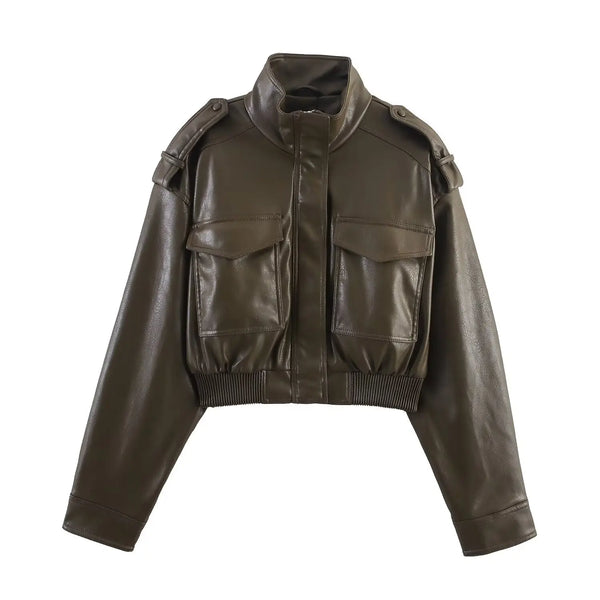 Chic army green faux leather jacket for women with stand collar, loose fit, and functional pockets, perfect for winter style.