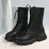 Chic white ankle boots with chunky heel, lace-up closure, and durable PU leather for stylish fall/winter outfits.