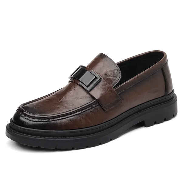 Men's slip-on dress loafers in black soft leather, elegant and stylish.