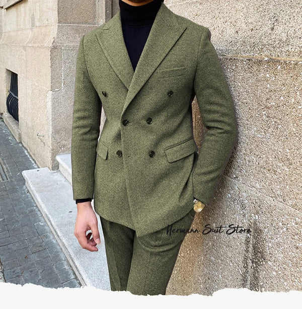 Elegant men’s 2-piece double-breasted suit set in premium polyester for autumn and winter business and formal occasions.