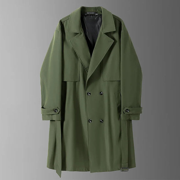 Men's military green slim fit trench coat with double-breasted closure and notched lapel, perfect for spring and autumn wear.