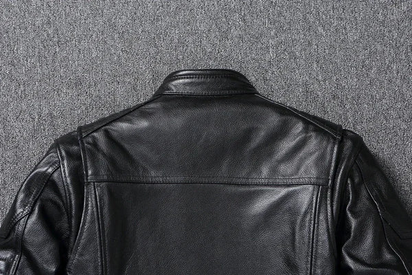Premium men's leather biker jacket in rich brown with stand collar, crafted from durable first-layer calfskin leather.