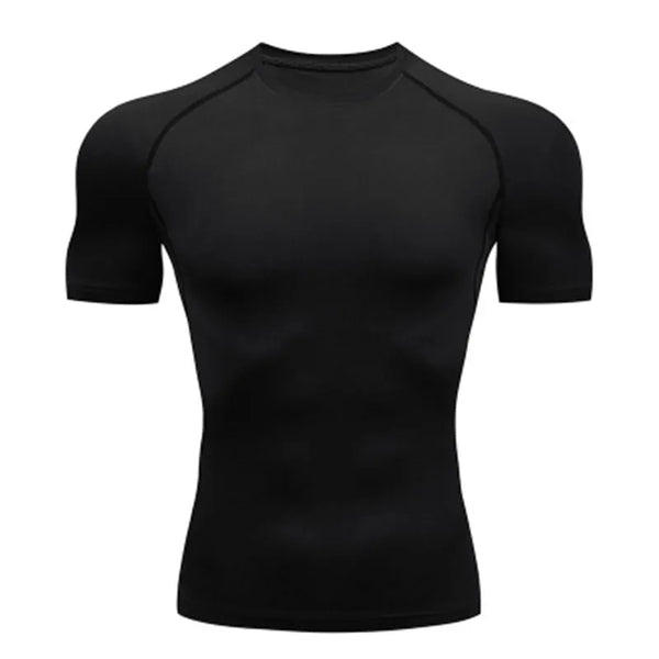 Men's breathable compression fitness t-shirt in black, designed for comfort, moisture-wicking, and athletic performance.