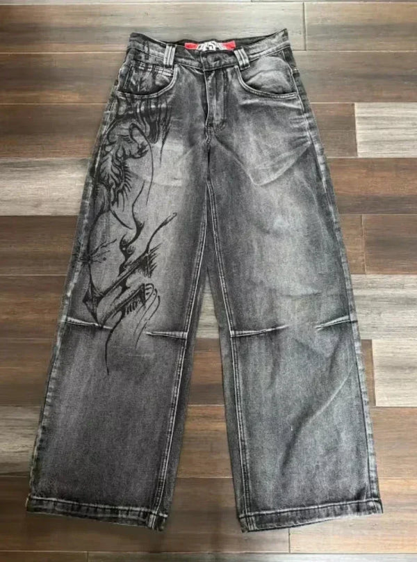Street style wide-leg jeans with relaxed fit and unique patterns.