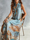 Floor-length button-front dress featuring retro aesthetic and elegant vest styling