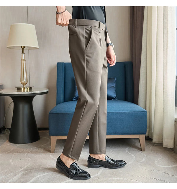 Men's slim fit dress pants in British style with elastic waist, perfect for casual or formal occasions, made from polyester b