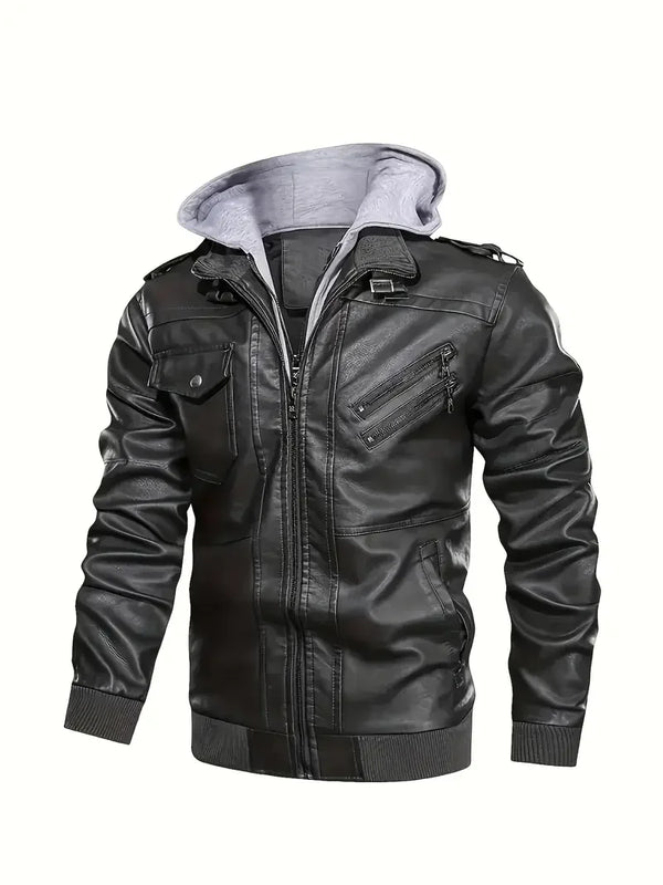 Sleek men's PU leather biker jacket with detachable hood, slim fit, ideal for autumn and winter, stylish and windproof.