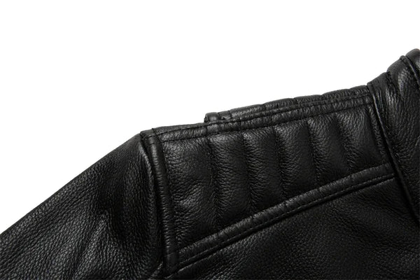 Premium men's leather biker jacket in rich brown with stand collar, crafted from durable first-layer calfskin leather.