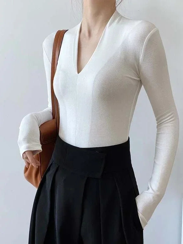 Elegant V-Neck Women's Blouse with Long Sleeves in solid color, perfect for casual and office wear, made from cotton-polyeste