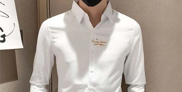 Elegant men's embroidered white long sleeve shirt with turn-down collar, perfect for casual and social events.