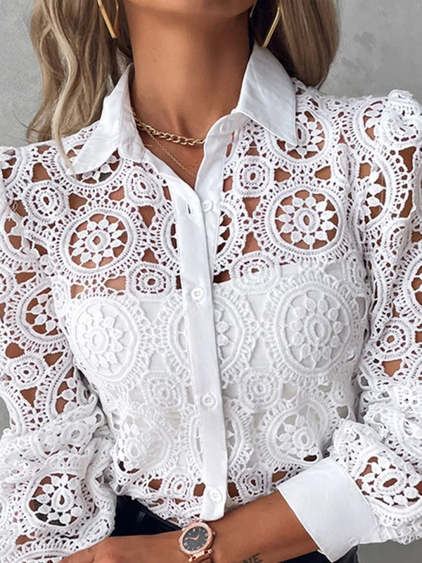 Elegant white lace blouse with long sleeves, button-up front, and turn-down collar for sophisticated office wear.