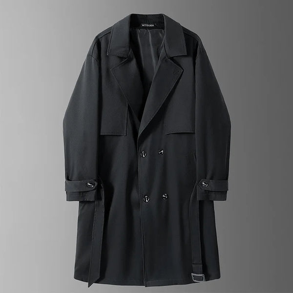 Men's military green slim fit trench coat with double-breasted closure and notched lapel, perfect for spring and autumn wear.