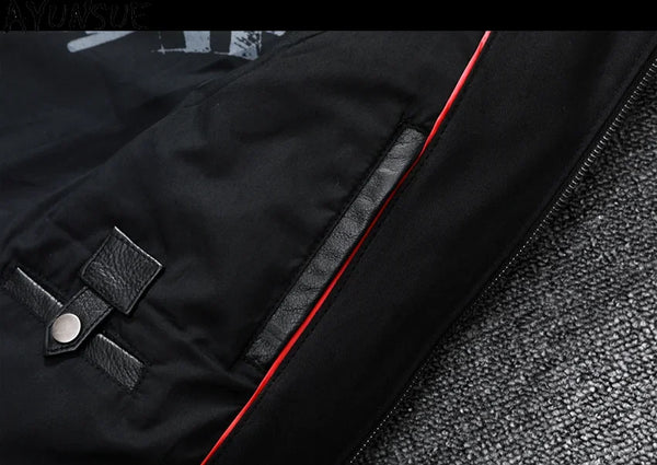 Men's slim fit leather motorcycle jacket in premium cow leather with stand collar and zip closure, perfect for spring and aut