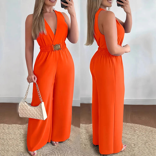 Wide-leg jumpsuit with flattering V-neckline and regular fit design