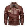 Men's Autumn/Winter Embroidered Leather Biker Jacket with detachable collar, fleece lining, and classic aviator design.
