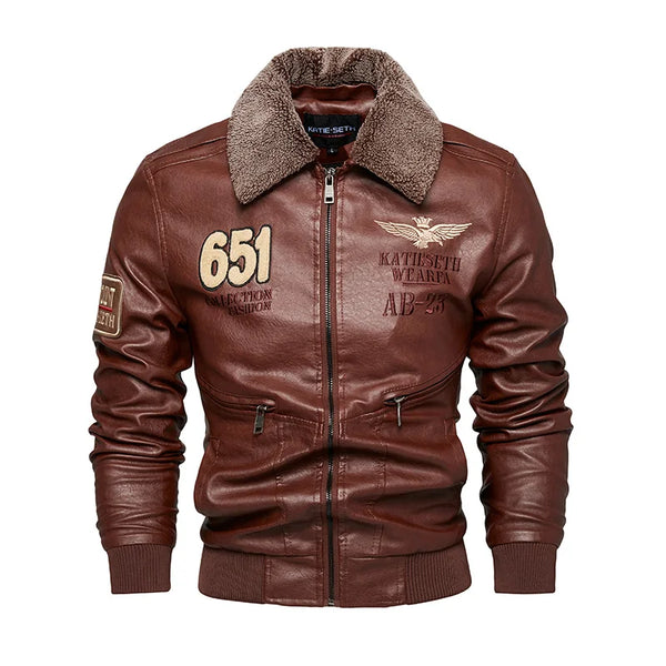Men's Autumn/Winter Embroidered Leather Biker Jacket with detachable collar, fleece lining, and classic aviator design.