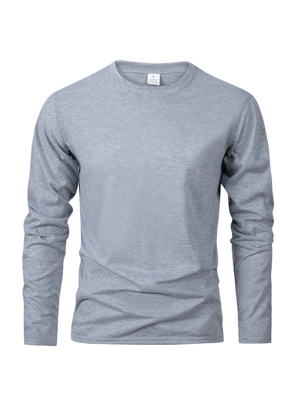 Men's long sleeve casual t-shirt in solid black, breathable polyester, O-neck, quick-drying, perfect for sports and lounging.