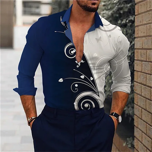 Stylish men's casual silk blend shirt in slim fit with turn-down collar and eye-catching 3D print for modern fashion.
