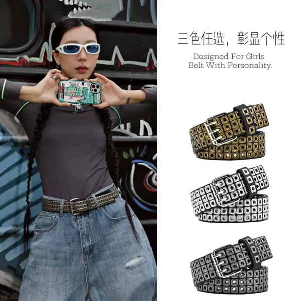 Unisex punk belt with square beads and triple grommets, adjustable, durable PU material, perfect for edgy fashion styles.