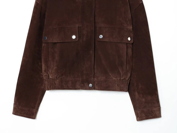 Casual brown jacket showcasing zipper front and extra-large functional pockets