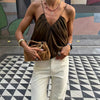 Elegant backless satin top with V-neckline and pleated front design