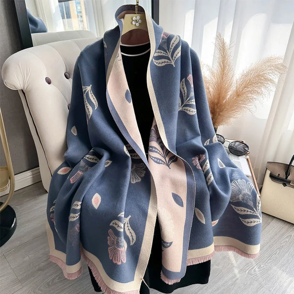 Luxury autumn leaf-print shawl scarf in vibrant colors, soft polyester material.