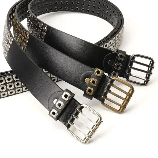 Unisex punk belt with square beads and triple grommets, perfect for edgy fashion and versatile styling for men and women.