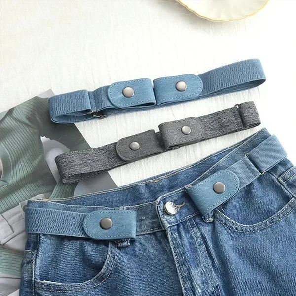 Buckle-free elastic belt in black and blue, adjustable from 85-115cm, perfect for comfort and style for men and women.
