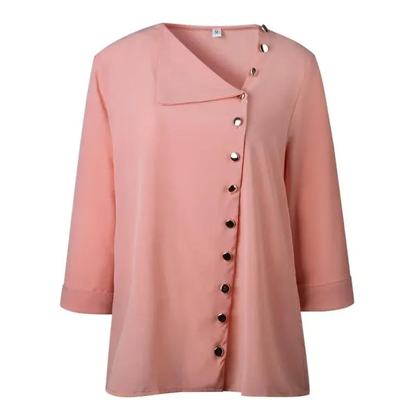 Elegant long sleeve office blouse for women, double-breasted, slim fit, versatile for business attire in various colors.