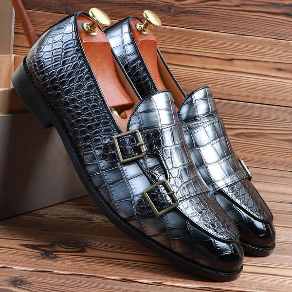Close-up of double monk strap detail on men's dress loafers.