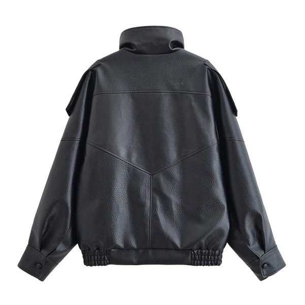 Chic black faux leather moto jacket for women, perfect for autumn evenings and stylish casual wear. Durable and fashionable.