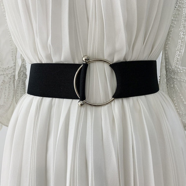 Chic Round Buckle Women's Elastic Waist Belt in neutral color, perfect for enhancing outfits with style and comfort.