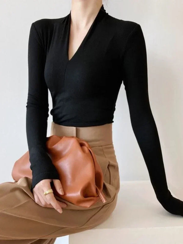 Elegant V-Neck Women's Blouse with Long Sleeves in solid color, perfect for casual and office wear, made from cotton-polyeste