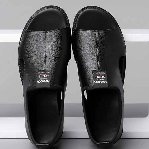 Men's slip-on leather sandals with cushioned insole and open toe design